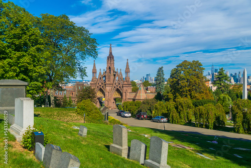 View of Green Wood cemetery in Brooklyn with Manhattan city skyline