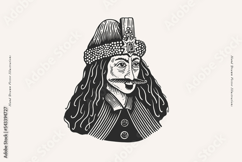 Vampire Count Dracula in engraving style. Hand drawn portrait of Vlad Tepes on a light background. Famous literary and historical character. Vector isolated illustration.