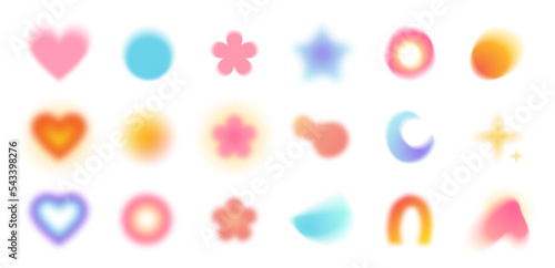 Abstract blurred gradient shapes, blurry flower or heart aura aesthetic elements, colorful soft gradients. Circle, star and moon shape blurs, various geometric forms with blurring effect vector set