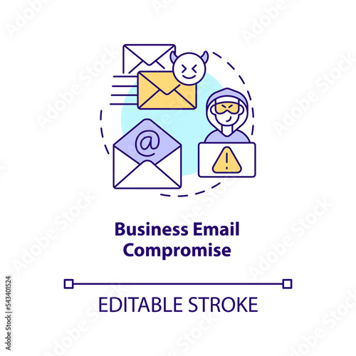 Business email compromise concept icon. Spoof account. Digital scam. Cyber criminals abstract idea thin line illustration. Isolated outline drawing. Editable stroke. Arial, Myriad Pro-Bold fonts used