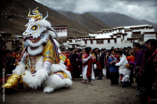 AI generated image of a large crowd of people celebration Losar, the Tibetan new year with a costumed parade 