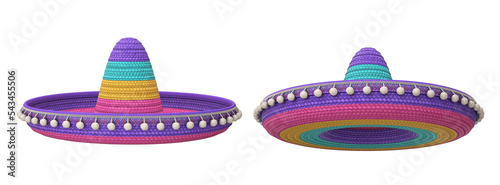 Set of two hats multicolored sombrero on a white background, 3d render
