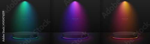 Set of realistic black 3D cylinder pedestal podium with red, pink, blue, yellow glowing neon light neon background. Abstract minimal scene. Mockup products, Stage for showcase, Vector geometric forms.
