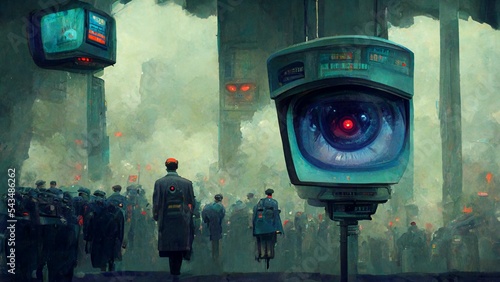 Ai-generated big digital eye in the street full of people