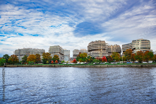 The Watergate Hotel complex from the Potomac River in Washington, DC in autumn