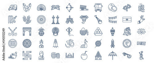 Collection of icons related to India country and culture, including icons like Banana Leaf, Coconut, Hokey, Elephant and more. vector illustrations, Pixel Perfect set 