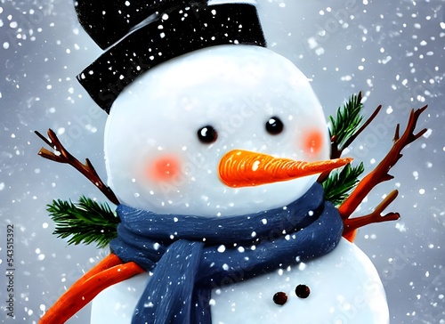 A snowman is standing in a field of snow. He has two large snowball for his body and one smaller snowball for his head. His arms are made out of twigs, and he has coal chips for eyes and a carrot