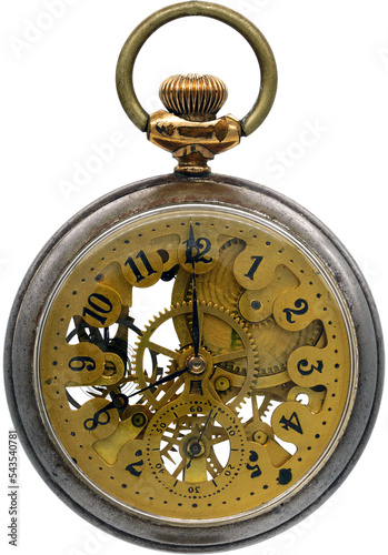 Antique brass skeleton style pocket watch isolated. Viewed directly from the front.