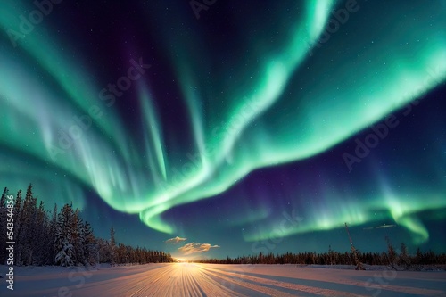 Spectacular aurora borealis (northern lights) over a track through winter landscape in Finnish Lapland.