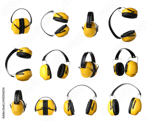 Collection of yellow hearing protectors on white background