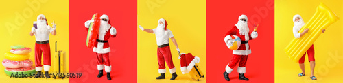 Collage of Santa Clauses on yellow and red backgrounds. Christmas vacation concept