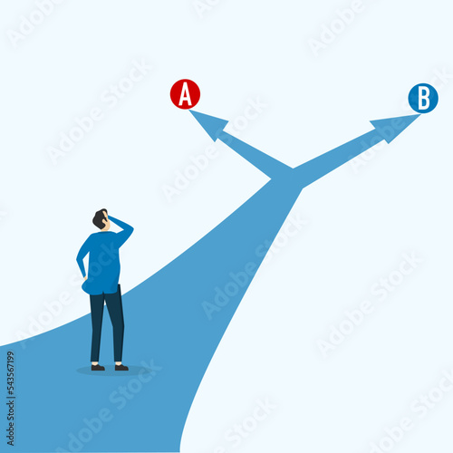 The entrepreneur decides between two alternatives. Choice decision making as two separate path choices to choose from. Business choice and dilemma concept. Vector illustration. business or life