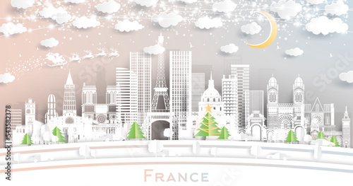 France City Skyline in Paper Cut Style with Snowflakes, Moon and Neon Garland.