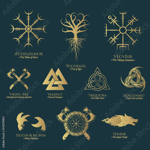 Viking symbols isolated set. Golden collection of Scandinavian signs vegvisir, Fenrir, yggdrasil, viking axe. Vector illustration for print and t-shirt design.