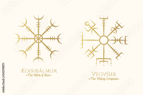 Golden Viking symbols. Two icons of vegvisir and aegishjalmur isolated on white background. Vector illustration, pagan norse design. 