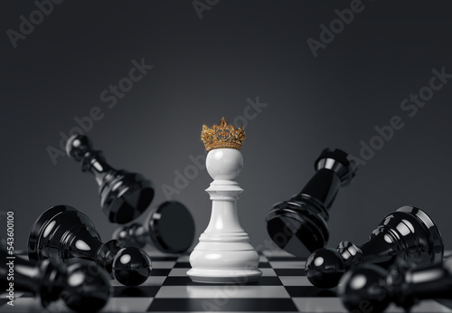 White chess pieces wearing a golden crown are showing leadership. Chess board game concept of business strategy idea, 3d rendering