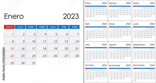 Calendar 2023 on Spanish language, week start on Sunday. Vector template