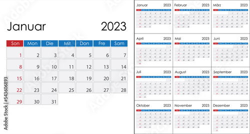 Calendar 2023 on German language, week start on Sunday. Vector template