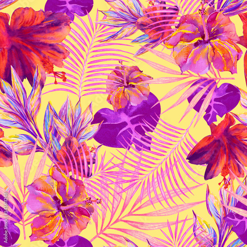 Summer floral tropical print. Watercolor hibiscus flowers, exotic leaves and palm branches on yellow background. Seamless pattern