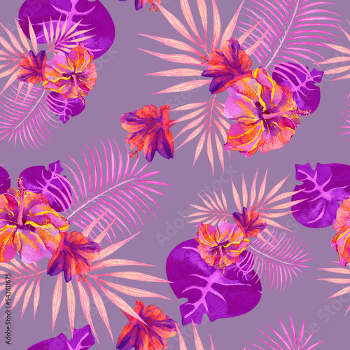 Pink and purple tropical flowers on grey background. Watercolor jungle seamless pattern