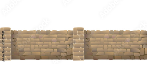 Fence made of rounded stones with supports and a foundation. Horizontal seamless design. Isolated on white background Vector.