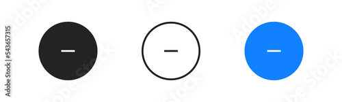 Simple blue round minus button outline icon. Flat design for mobile app. Element of calculator. Circle, minus sign.