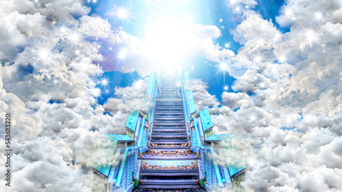 Stairway Through Clouds Leading To Heavenly Light.rendering 3D