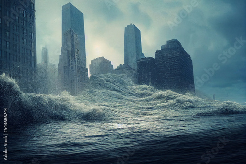 Concept art illustration of massive tsunami wave flooding big city