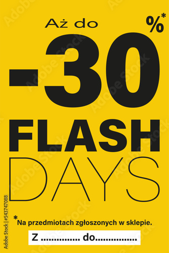 kartka lub baner na dni flash do 30% zniżki na przedmioty oznaczone w sklepie na czarno wszystko na żółtym tle