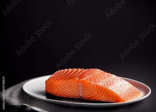 Beautiful salmon fillet on a white plate on black background with copy space
