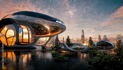 Space expansion concept of human settlement in alien world with green plant as proof of life in space. Spectacular space colony glass dome habitat provide sustainable food. Digital art 3D illustration