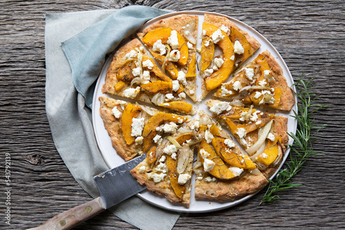 Rustic Winter Squash Pizza with onion, butternut squash, rosemary, sage, feta cheese