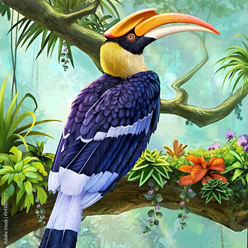 illustration of a hornbill on a tree in the jungle 