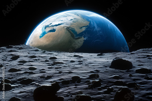 Blue earth view from the moon surface