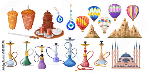 Travel to Turkey set vector illustration. Cartoon isolated Turkish mosque, landmarks and culture symbols, hot tea cup and pot, doner kebab on skewer for shawarma, air balloons of Cappadocia and hookah