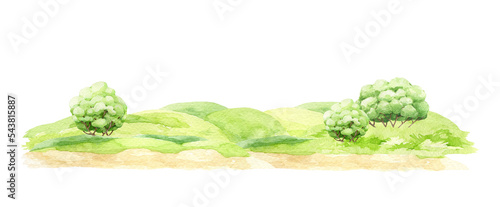 Countryside landscape with green hills, grass and bushes. Watercolor illustration. Green field, bushes, tree forming out town scene. Meadow and hills with pasture, bush background