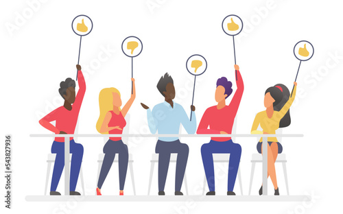 Diverse committee of jury holding thumb up or down round signs after contest or competition. Cartoon people rate experience and judge, sitting at table flat vector illustration. Evaluation concept
