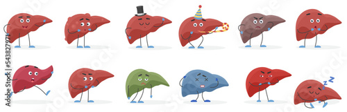 Cute human organ liver cartoon character positive and negative emotions organs set vector illustration.