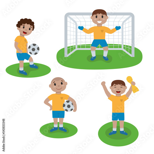 Jogadores de futebol com bola, gol e troféu. Ilustração vetorial.