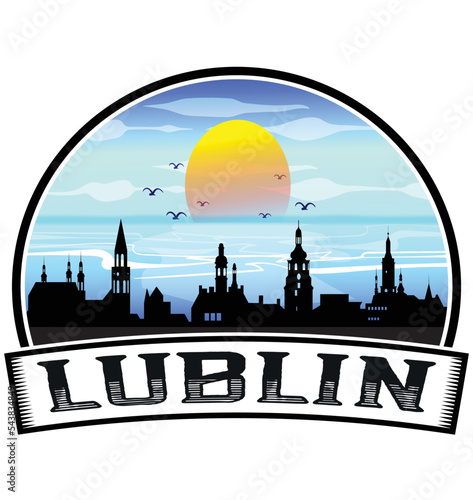 Lublin Poland Skyline Sunset Travel Souvenir Sticker Logo Badge Stamp Emblem Coat of Arms Vector Illustration EPS