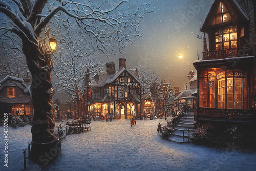 A fabulous winter town with old streets and Victorian style houses. Winter streets, lanterns, December. Winter festive Christmas decorations of the city. Card.
