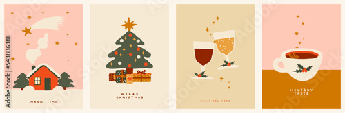 Collection of New Year's and Christmas posters. Winter House, fir tree, sparkling wine glasses and Cocoa mug