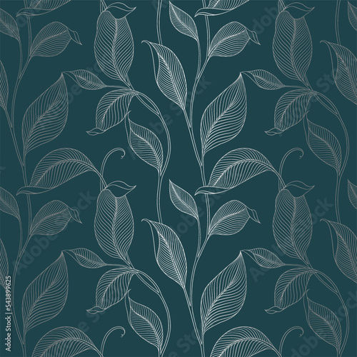 Luxury seamless pattern with striped leaves. Elegant floral background in minimalistic linear style. Trendy line art design element. Vector illustration.