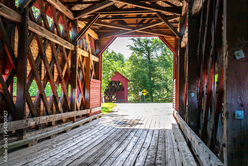 Ferme-Rouge (Mont-Laurier) twin covered bridges. Build in 1903 over the Lievre river. View from the interior of the first bridge.
