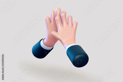 3D cartoon high five gesture. Concept of business success, friendship and teamwork. Emoji icon of clapping business mans hands in suits on light background. Vector illustration.