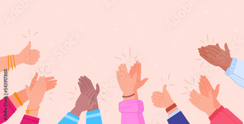 Hands ovation. Applaud hand people acclaim congratulate human respect success triumph concept, crowd good clapping in palms cheer audience person claps, swanky vector illustration