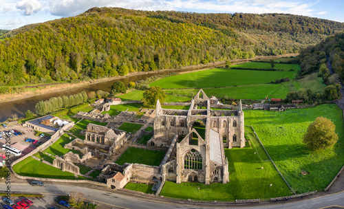 Aerial view of an ancient ruined monastery in Wales (Tintern Abbey. 12th century AD)