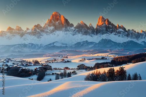 Christmas postcard. Bright winter view of Alpe di Siusi village with Plattkofel peak on background. Incredible morning scene of Dolomite Alps. Spectacular winter landscape of Ityaly, Europe.