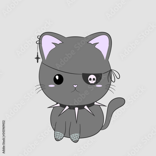 Kotek w stylu pastel goth. Uroczy gotycki kot z przepaską na oko, kolczastym kołnierzem, piercingiem i siateczkowymi rękawiczkami. Słodka ilustracja wektorowa.