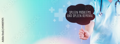 Spleen problems and spleen removal. Doctor holding sign. Text is in speech bubble. Blue background with icons